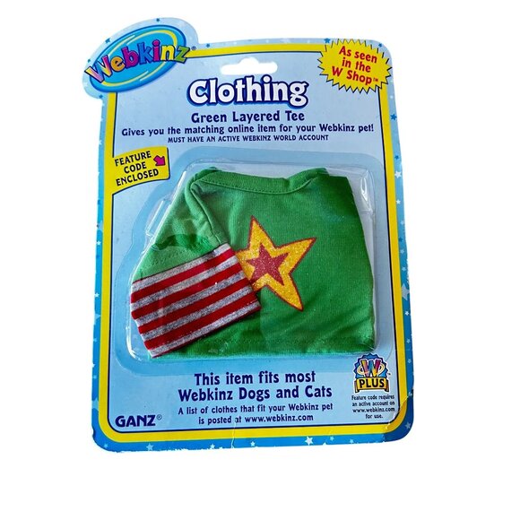 Webkinz Green Layered Tee Shirt Star Red Striped Sleeve NEW Dog Cat Code Clothes - Picture 1 of 3